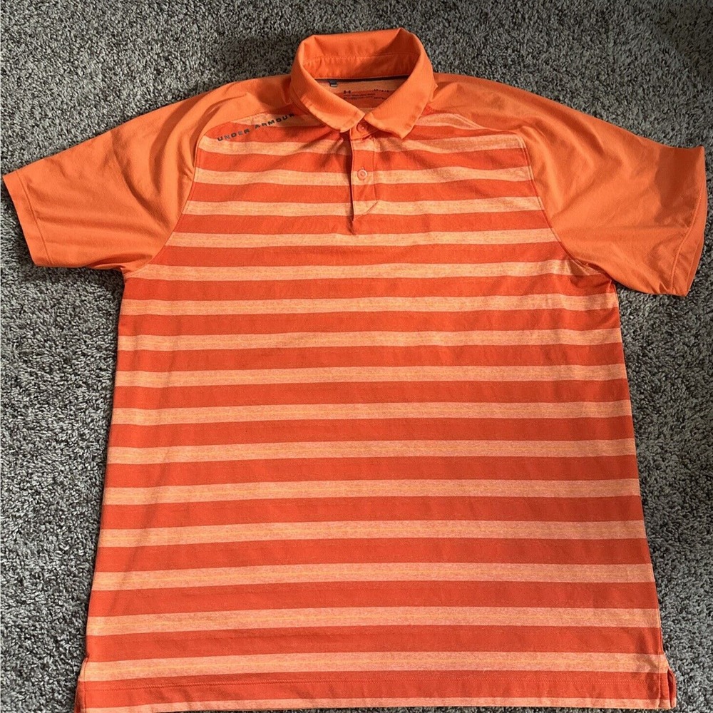 Under Armour Men's Polo Large Orange Stripes Loose Heat Gear